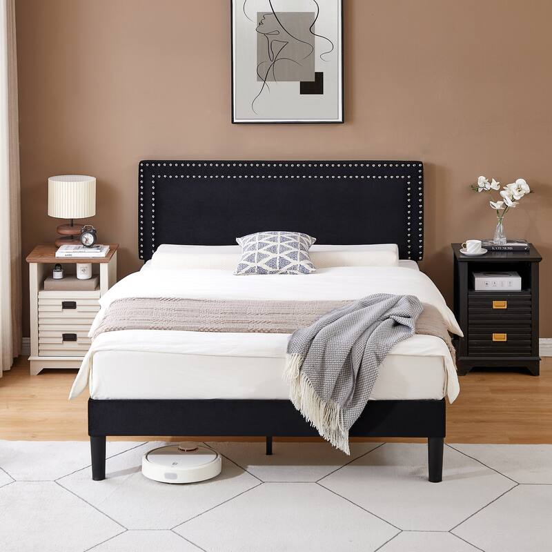 Upholstered Platform Bed Frame with Adjustable Headboard, Velvet Nailhead Trim, No Box Spring Needed - Black - Full