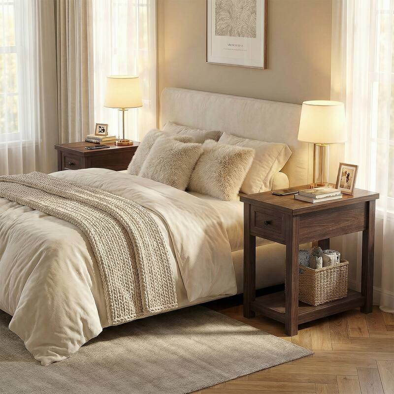 Farmhouse End Table with Wood Drawers and Charging Station, Sofa Side Table, Nightstand