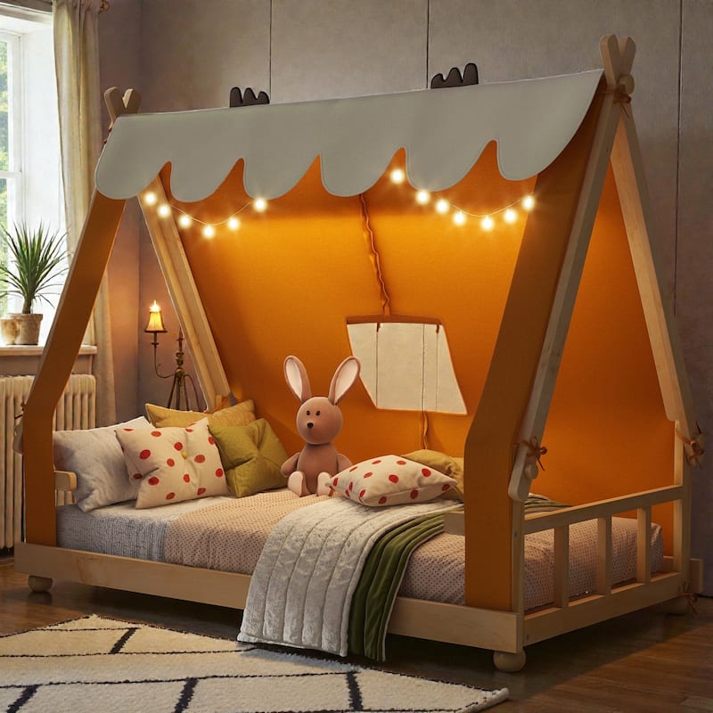 Twin/Full House Bed with Detachable Tent and Skylight, Kids Cabin Bed with Canopy, Light, and Forest-Themed Accents