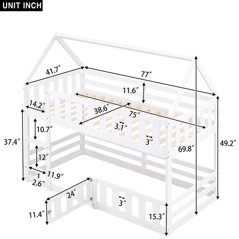 Twin over Twin House Bed Bunk Bed with Fence and Door