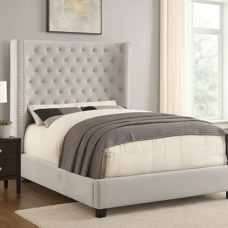 Rozy Queen Bed w Wingback Tall Headboard, Nailhead Trim, Ivory Upholstery