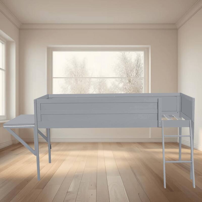 Wooden Twin and Full Gaming Loft Platform Bed Frame with Built-in Desk, Storage, and LED Lights, Perfect for eSports Setup - Grey - Twin