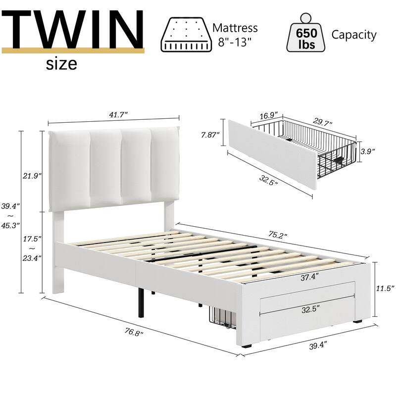 VECELO Set of 2 Kids Bed Frame with Storage Drawer Height Adjustable Upholstered Bed Twin Size Bed