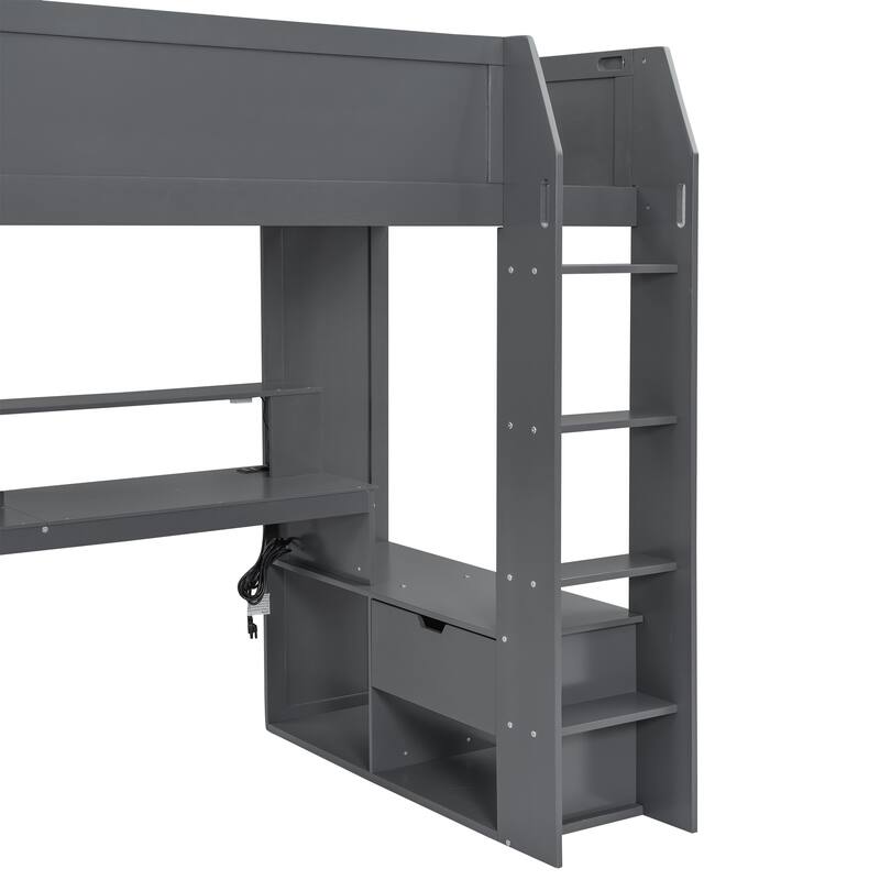Twin Size Solid MDF Gaming Loft Bed with Desk & Shelves