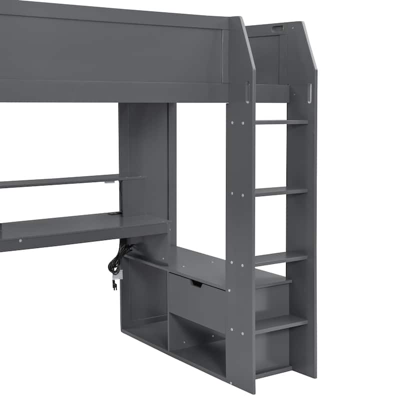 Twin Size Solid Wood MDF Gaming Loft Bed with Desk and Charging Station