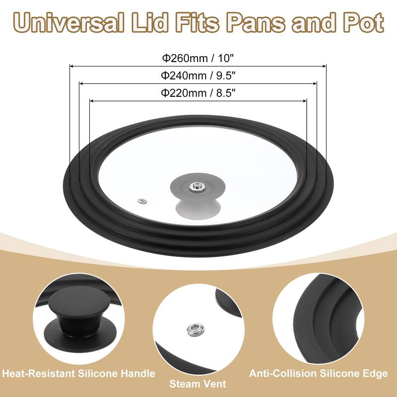 1 Pcs Universal Lid for Pot Pans Cookware - Black - Fit 8.5, 9.5, 10 Inch