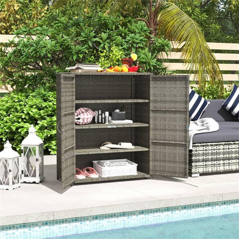 Outdoor Shoe Storage Cabinet with 4 Shelves and Wicker Doors - 33.5" L x 15.7" W x 40.6" H - Mixed-Grey