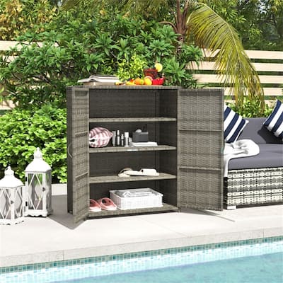 Outdoor Shoe Storage Cabinet with 4 Shelves and Wicker Doors - 33.5" L x 15.7" W x 40.6" H