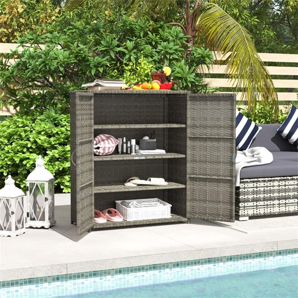 Outdoor Shoe Storage Cabinet with 4 Shelves and Wicker Doors - 33.5" L x 15.7" W x 40.6" H
