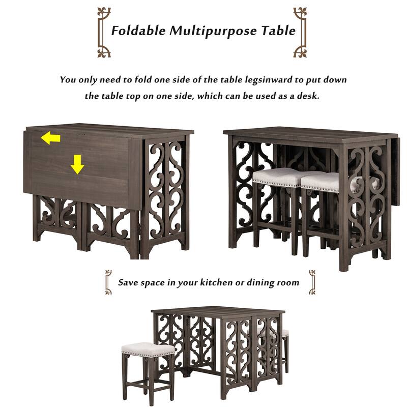 3Piece Retro Dining Set Solid Wood Counter Height Pub Set Foldable