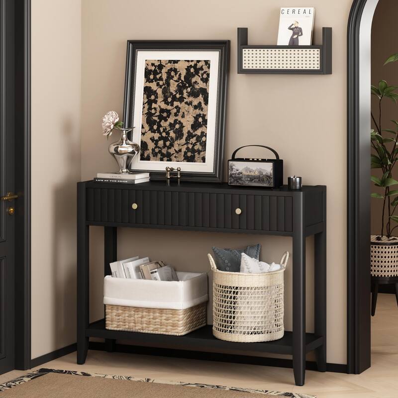 Narrow Wood Accent Table Sofa Table with Open Shelf, Rustic Entryway Table Console Table with Drawers