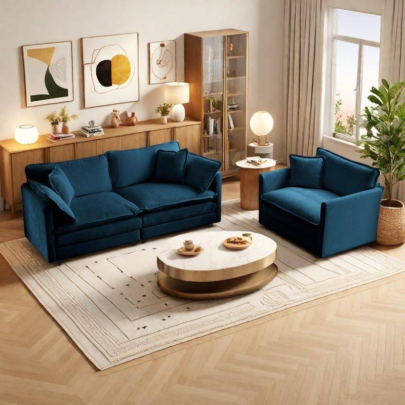 3-Piece Chenille Living Room Sofa Set (Loveseat + Accent Chair) with Solid Wood Frame & Plush Cushions - Blue