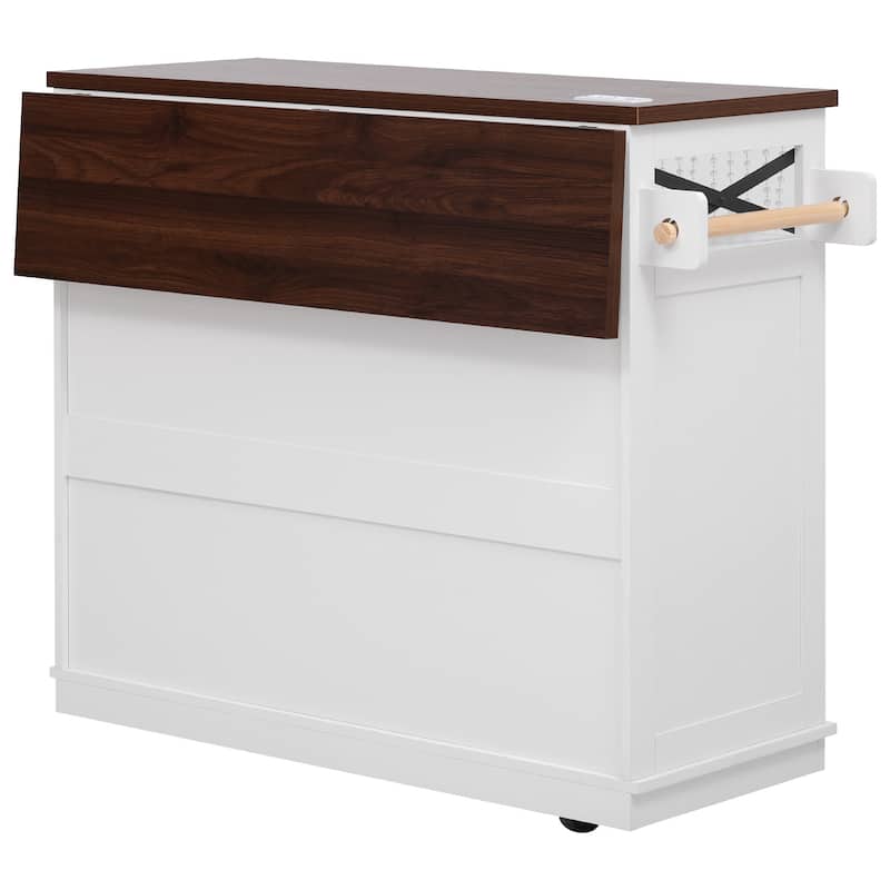 46.5" Farmhouse Kitchen Island Cart with Drape of Beads, Power Outlet, Rolling Kitchen Cart on Wheels with Drop Leaf