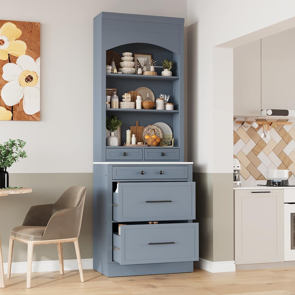 Kitchen Pantry Cabinet with Faux Marble Top, Freestanding Storage Cabinet, Buffet Cabinet with 5 Drawers & Adjustable Shelf
