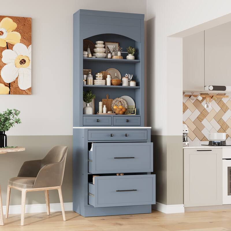 Roomfitters Modern 83.7" Tall Kitchen Hutch with Faux Marble Top, Set of 2