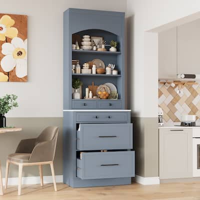 Roomfitters Modern 83.7" Tall Kitchen Hutch with Faux Marble Top and Adjustable Shelf