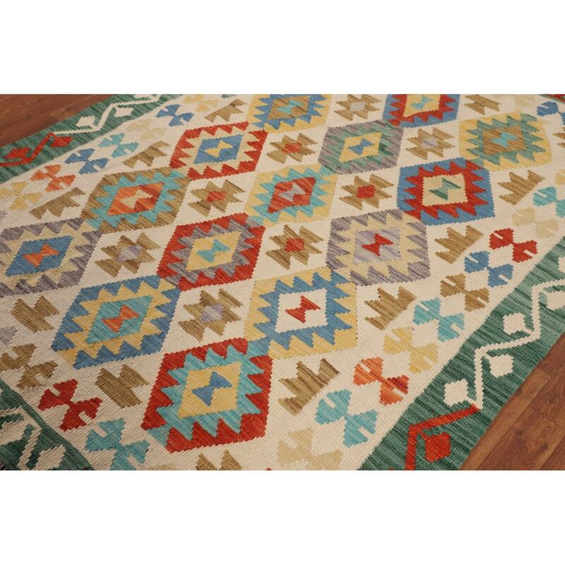 Kilim Reversible Area Rug Hand-Woven Geometric Beige Wool Carpet - 4'10"x 6'5"