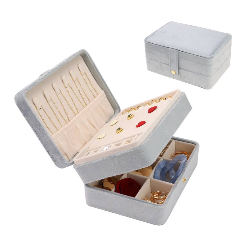 2 Layer Jewelry Box for Women, Plush Velvet Jewelry Organizer Case Storage Display Holder with Drawer, Removable Jewelry Tray