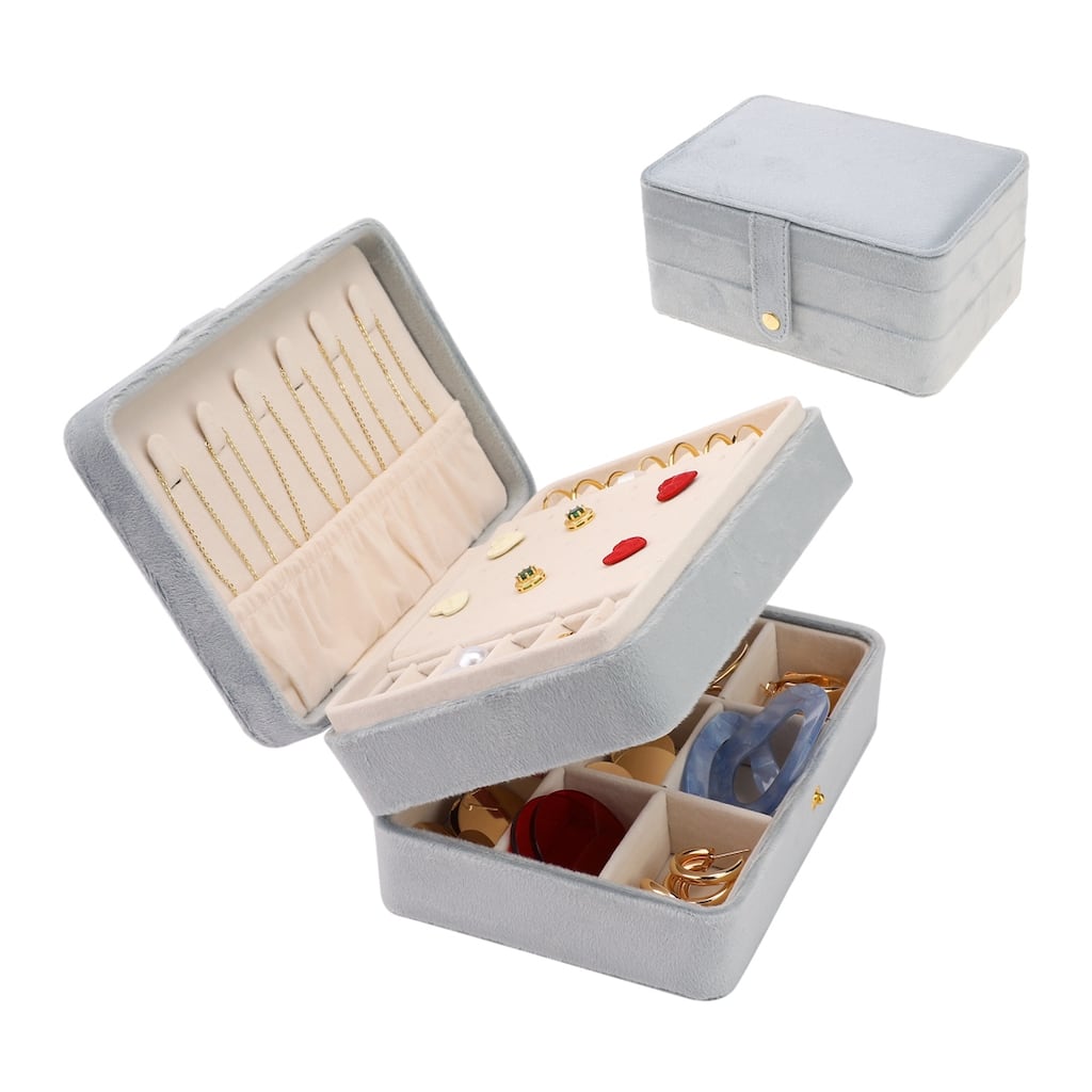 2 Layer Jewelry Box for Women, Plush Velvet Jewelry Organizer Case Storage Display Holder with Drawer, Removable Jewelry Tray