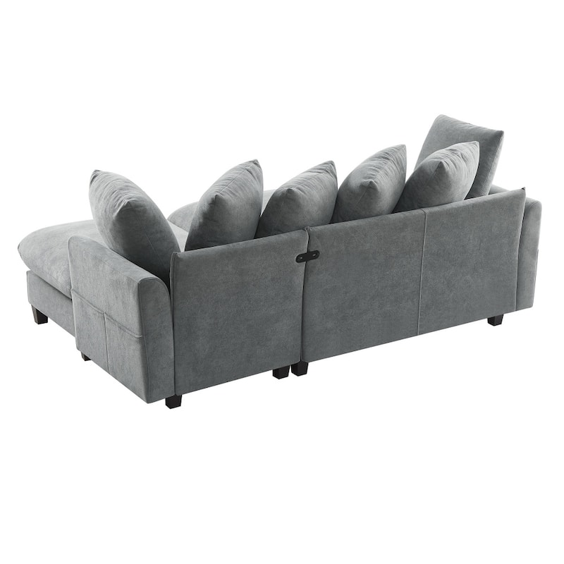 83" Upholstered Sectional Sofa with Movable Ottoman and Six Pillows, Ample Storage Space