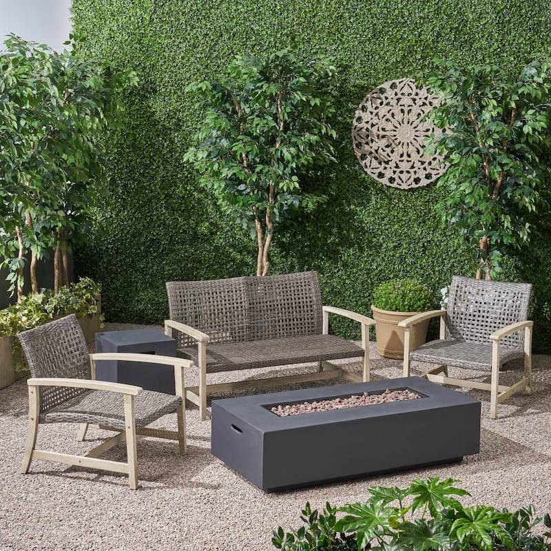 Augusta Outdoor Acacia Wood and Wicker 4 Seater Chat Set with Fire Pit by Christopher Knight Home