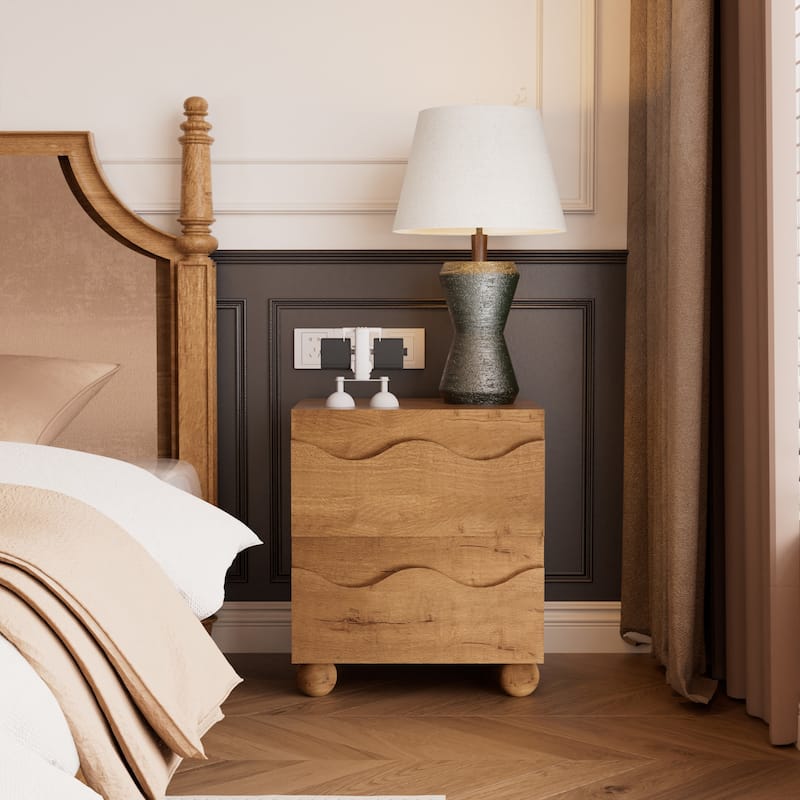 Wave Front 2 Drawers Nightstand Accent End Table Bedside Table - Oak