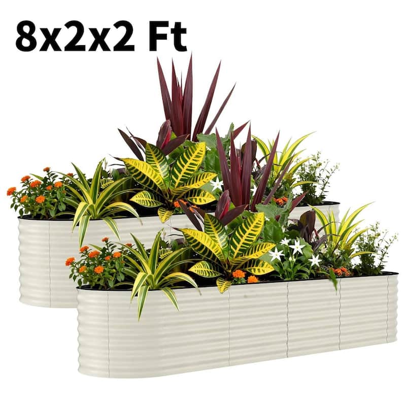 2 PCS 8x2x2 FT Galvanized Steel Raised Garden Bed, Planter for Vegetables, Flowers with Anti-Cut Strips - N/A - White
