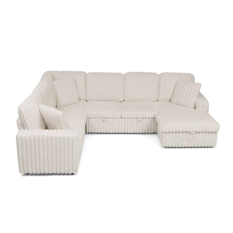114” Modern Corduroy Striped U-shaped Combination Sofa with Pull-out Bed and Storage Chaise