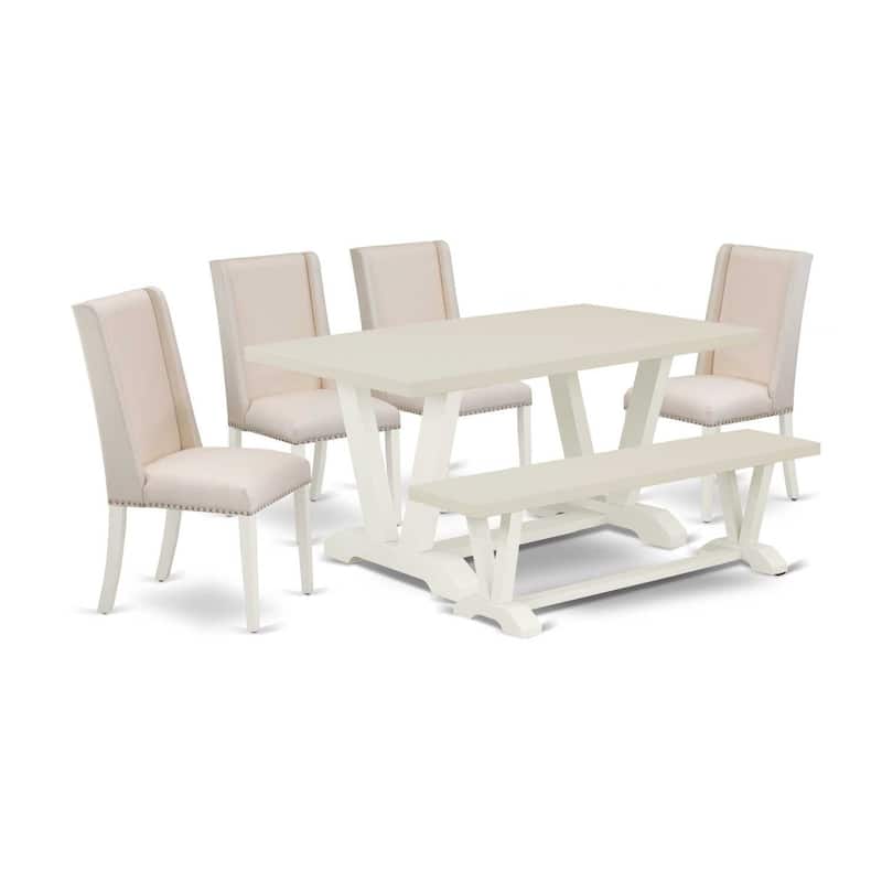 HomeStock 6-Pc Rectangle Natural Oak Finish Solid Wood Top Dining Table with 1-Bench, 4-Chairs