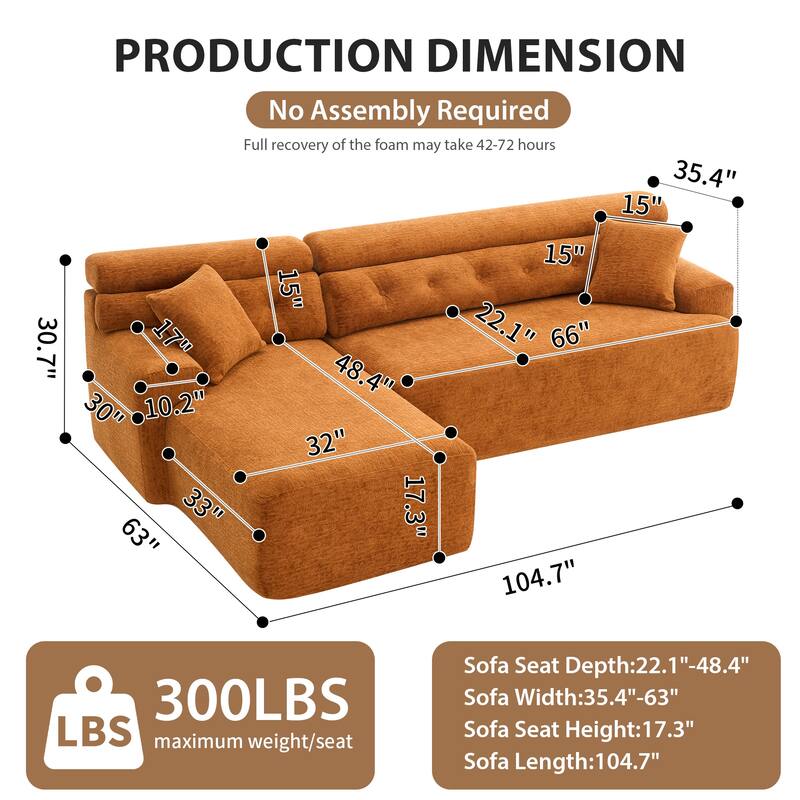 Modern Chenille Convertible L-Shaped 4-Seater Modular Sectional Sofa with 2 Pillows for Apartment Living Room