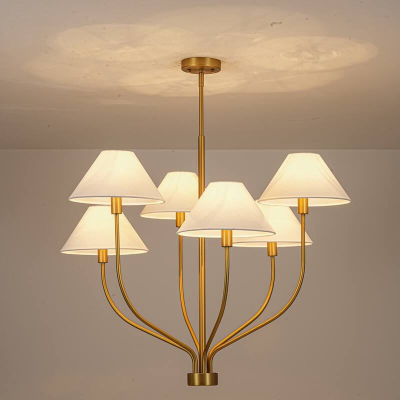 6-Light Modern Gold/Matte Black Sputnik Staggered Large Chandelier with Cone White Fabric Shade