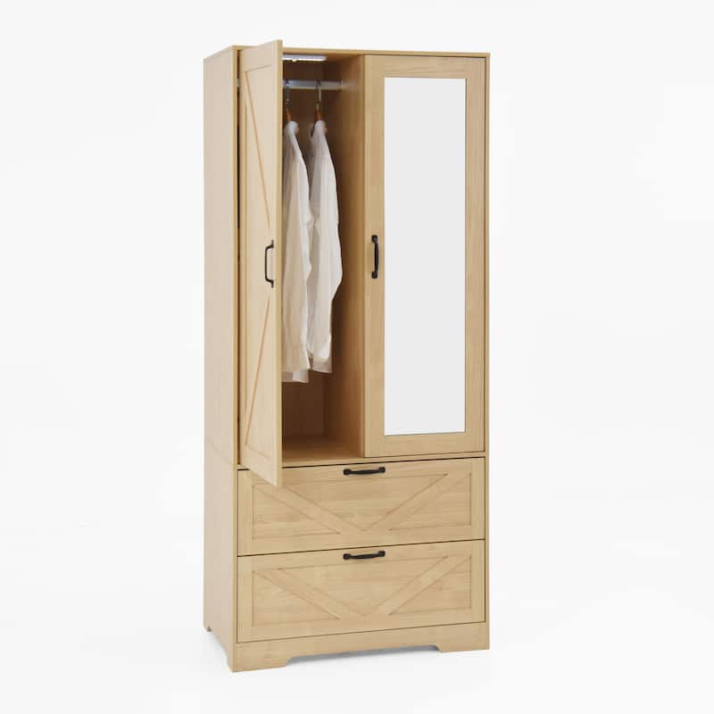 LED Wardrobe Cabinet Bedroom Tall Armoire with Mirror, Folding and Hanging Areas