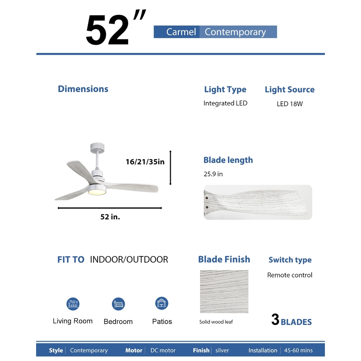 52 Inch Ceiling Fan Light With 6 Speed Remote Silver 3 Wood Blade Reversible DC Motor For Bedroom