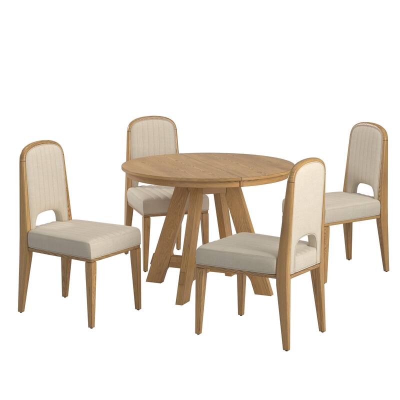 Harstad 42"-60" Extendable Round Dining Set with Channel Stitching Upholstered Chairs by iNSPIRE Q Modern - Oak Wash