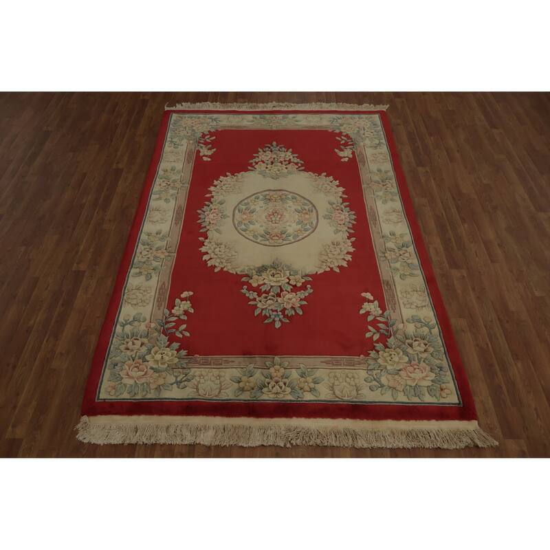 Hand Knotted Oriental 100% Wool Carpet Traditional Floral Red Art Deco Area Rug - 9' 0'' X 5' 10''