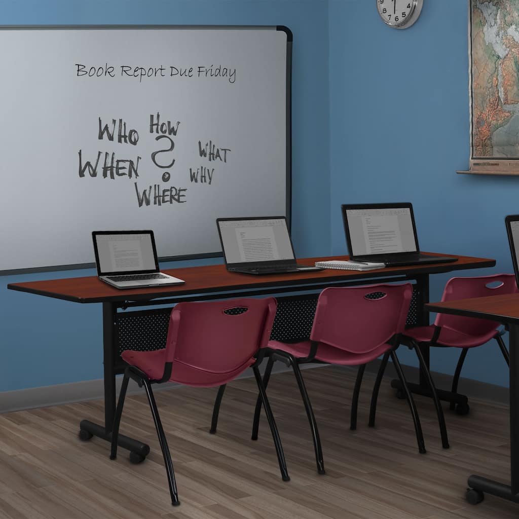 84" x 24" Flip Top Mobile Training Table with Modesty Panel- Cherry and 3 "M" Stack Chairs- Burgundy