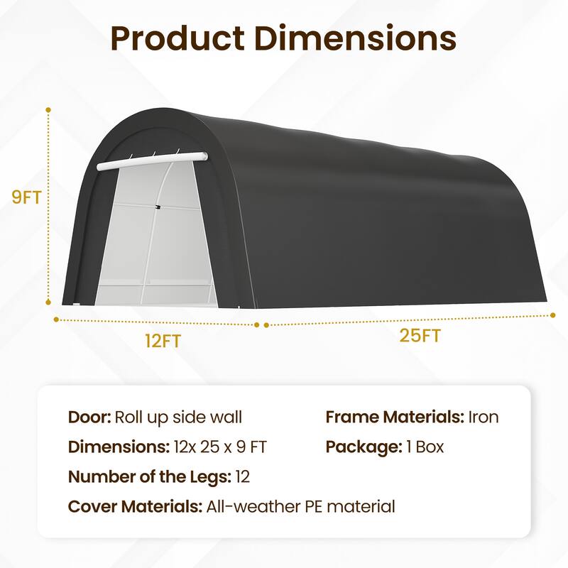 12' x 25'Portable Domed Carport with 2 Roll-up Doors