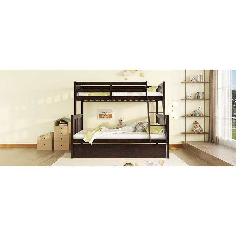 Roomfitters Twin Over Full Rubber Wood Bunk Bed with Trundle, Detachable Convertible Bunk Bed with Ladder and Guardrails
