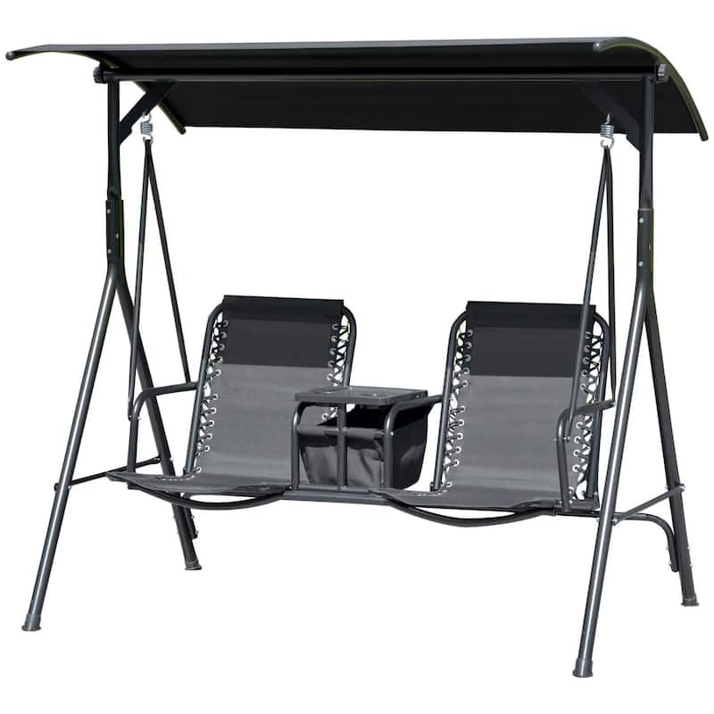 2-Seater Porch Swing with Pivot Table, Cup Holder, Adjustable Canopy