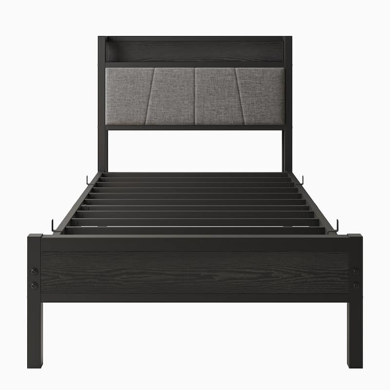 Bed Frame, Storage Headboard with Charging Station, Solid and Stable