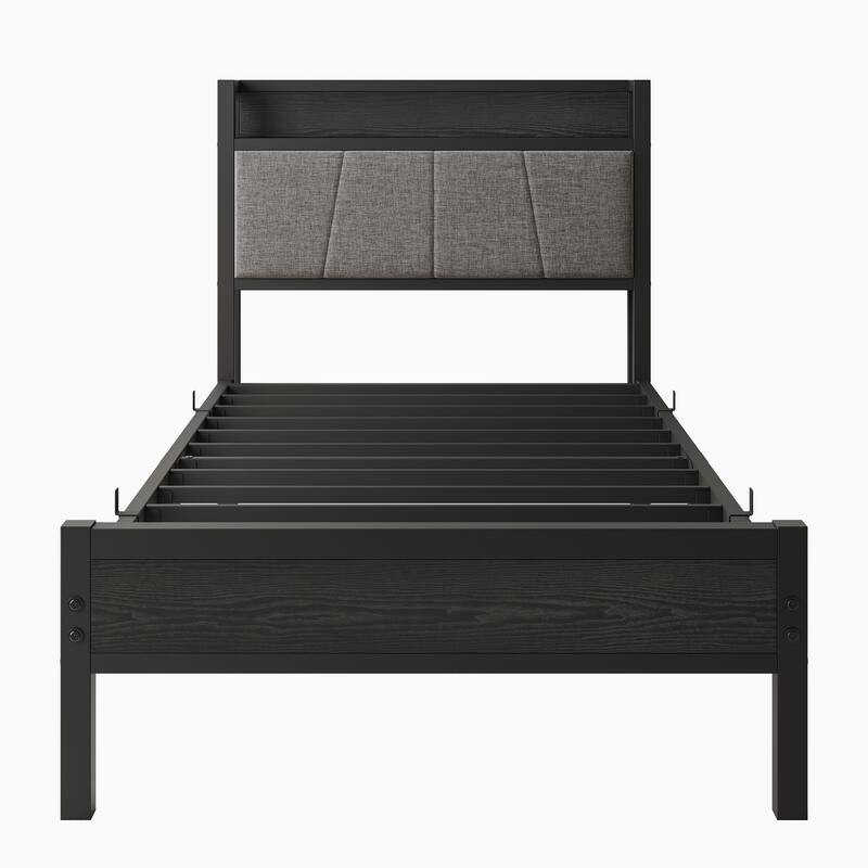Grey Twin Metal & Wood Platform Bed Frame with Storage Headboard and Charging Station