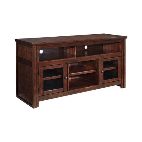 Wooden TV Stand with Two Glass Inserted Door Cabinets and Open Shelves, Large, Brown