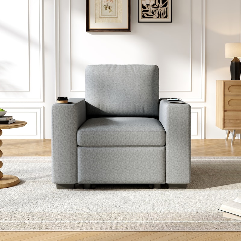 Convertible Sectional Sofa with Pull-out Sofa Bed and Dual Cup Holders