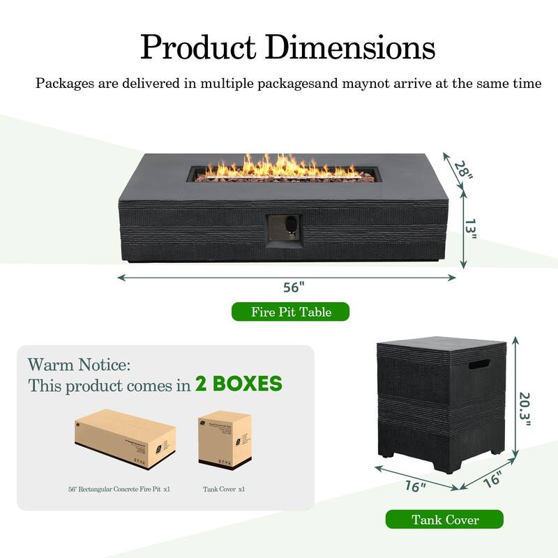 Patio Watcher 56in. Outdoor Rectangle Magnesium Oxide Fire Pit Table with Gas Tank Cover