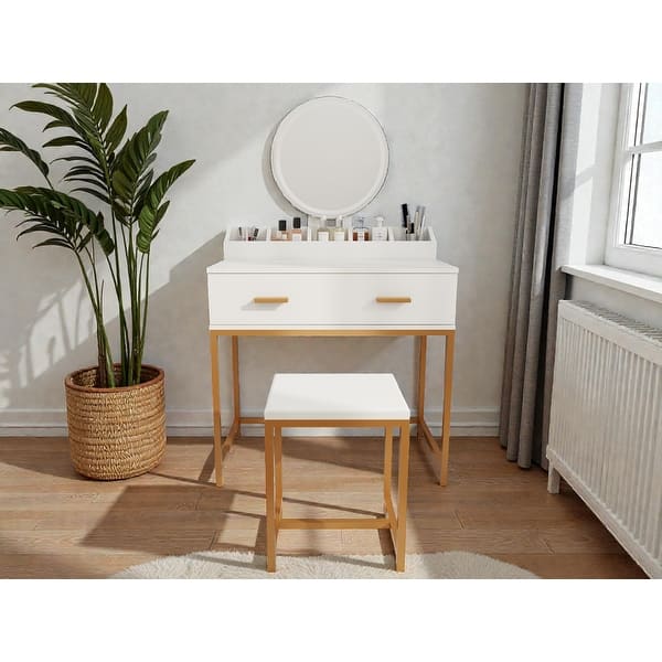 small gold dressing table White & Vanity Set with Mirror and Stool, Makeup with Drawers and Organizer, Compact Space-Saving Design Birthday / Party