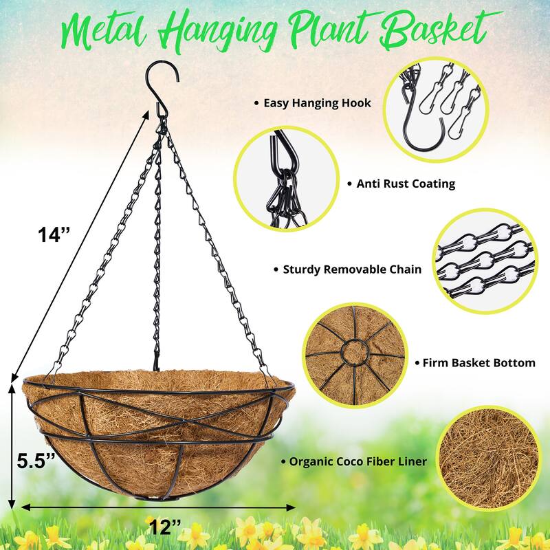 4 Pack Metal Hanging Planter Basket Huge 14 Inch Hanging Flower Pot Basket & Coco Coir Liner for Indoor/Outdoor Garden