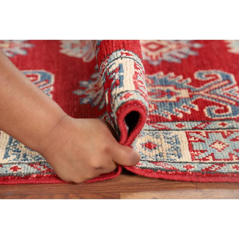Red Geometric Kazak Oriental Runner Rug Handmade Wool Carpet - 2'8" x 9'4"