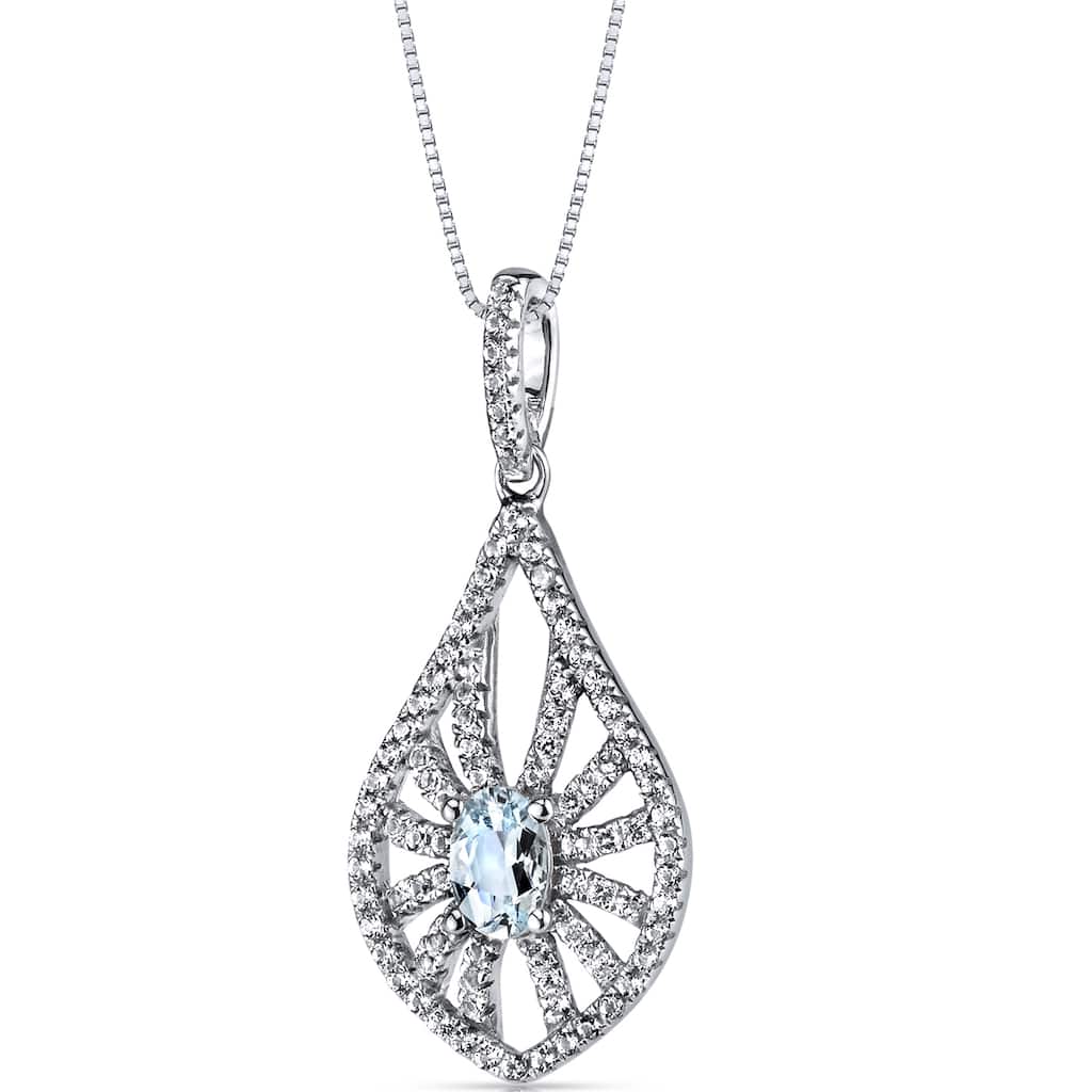 Oravo 14k White Gold 1.5 ct Oval Shape Aquamarine and White Topaz Pendant