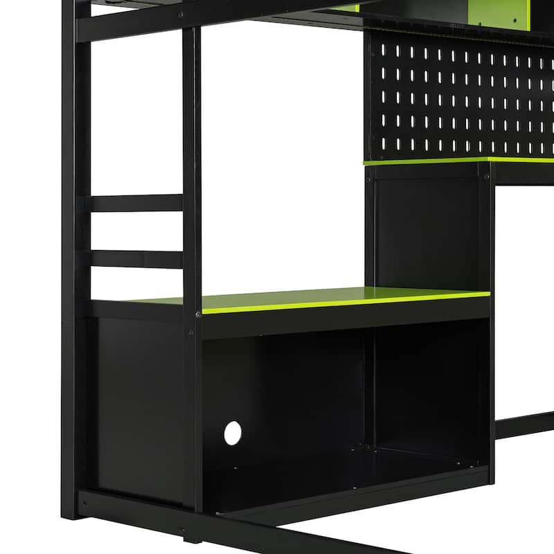 Gaming Loft Bed Full Size Wood Loft Bed with Pegboard PC Desk Computer Case Stand Charging Station LED Lights for Gamers