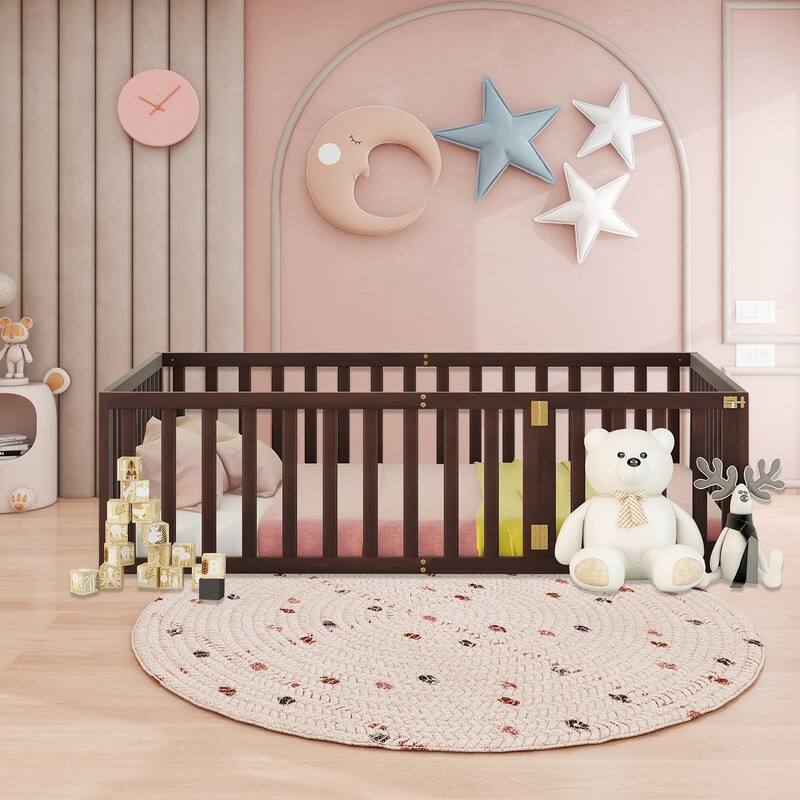 Full Size Floor Bed for Children, Sturdy Wood Montessori Bed Frame with Fence & Door - Espresso